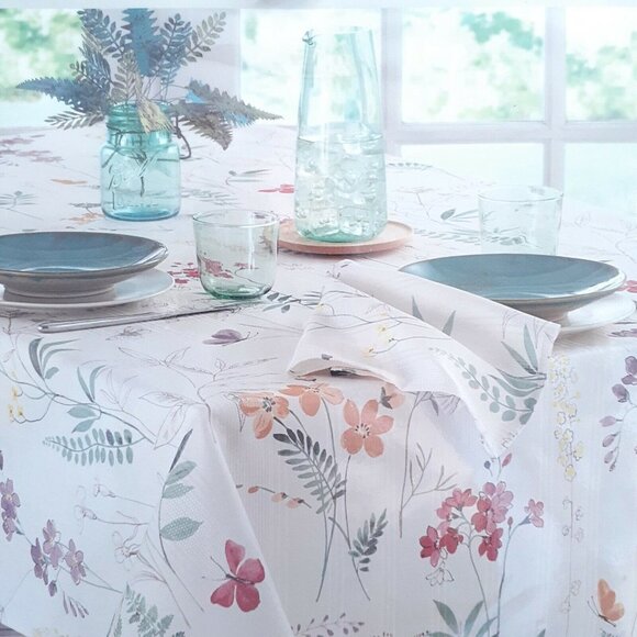 Fabric Tablecloth Ivory Sketchbook Floral Leaves 60x102 - Picture 1 of 3